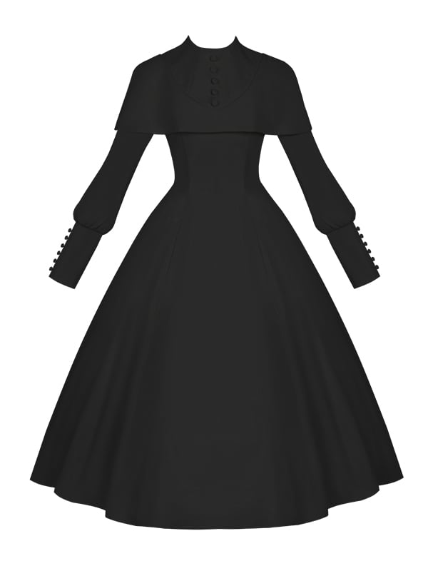 Robe noire élégante à manches longues et cape style gothique lolita