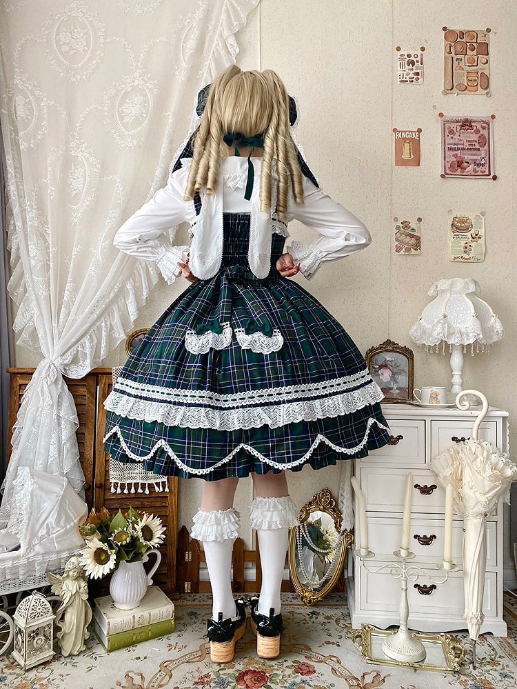 Accents Skirt Jumper Trim Plaid Bow Scalloped Sweet Edge Green with Lolita