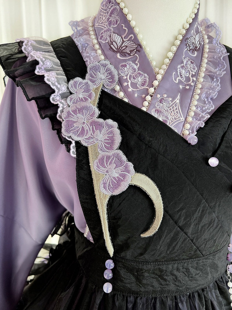 Delicate Butterfly Apron Lolita Dress Black Set Purple Han and Embroidery Full Floral +