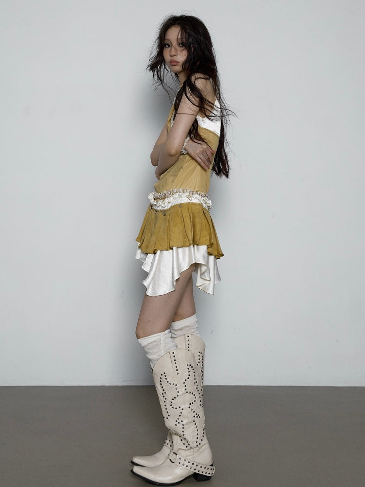 ラインストーンイエローボックスプリーツスカートフェイクドレスセット