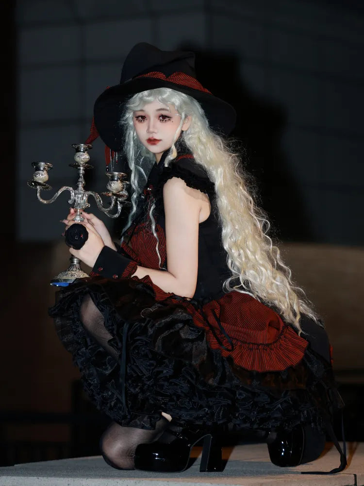 Red and Black Boned Waist Drawstring Striped Pattern Hem Halloween Gothic Lolita Dress