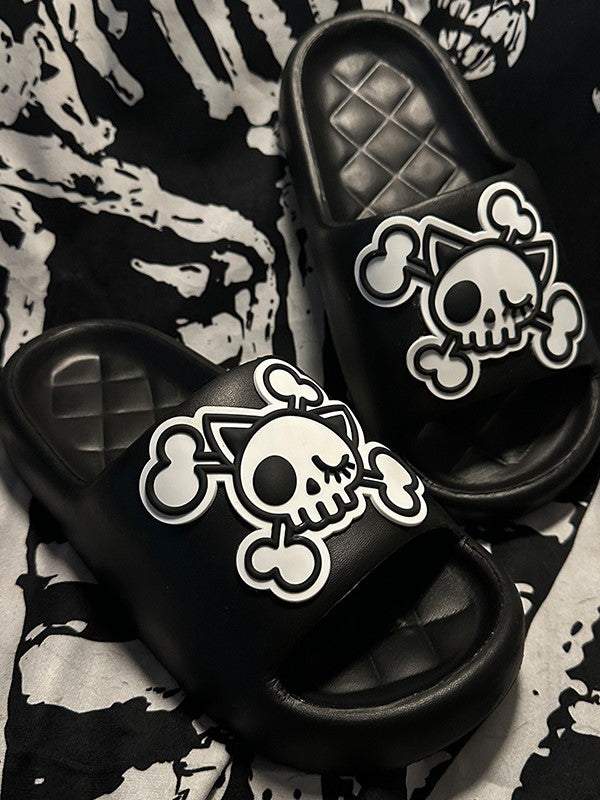 White Gothic Summer and Applique Skeleton Slippers Black