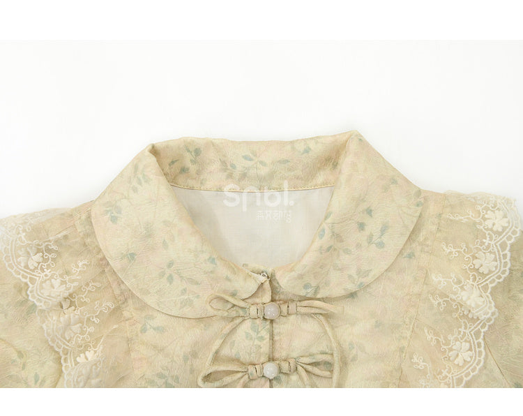 High-low Pan Blouse Apricot Lace Collar Trim Peter