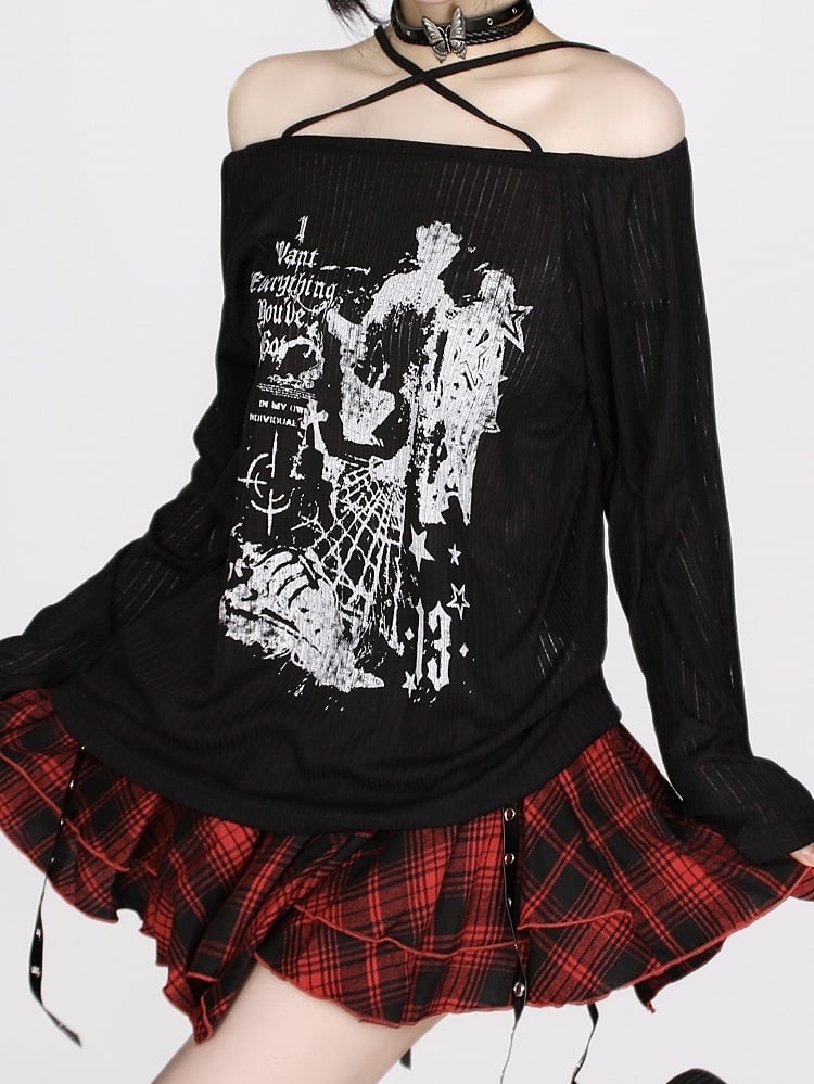 Off-Shoulder Black Knit Top with Cross Halter and Letter Print