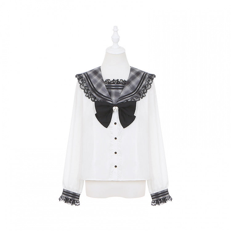 White Gray Kei Long Plaid Collar Sleeves Sailor Blouse Jirai with Bunny-Ear