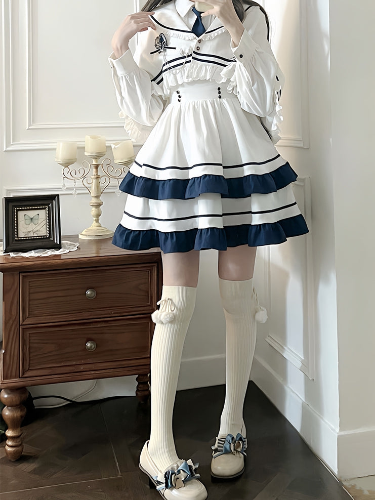 White and Blue Lace Trim Sailor Collar Cloak