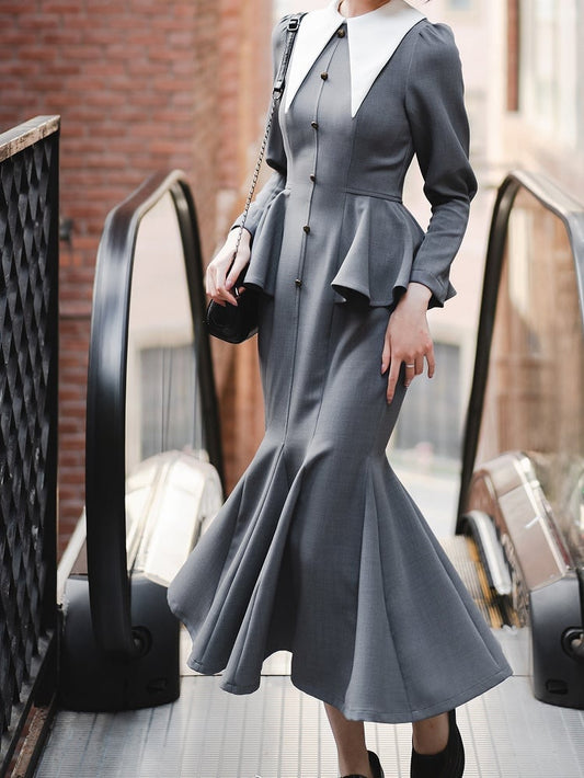 グレーのオフィスレディレトロエレガントマーメイドドレス