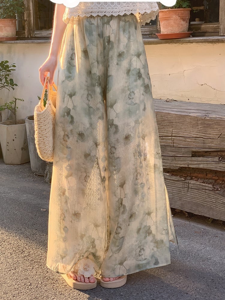 Dye Wide-Leg Pants Mori Kei Green Tie Accessory Regular/Short Detachable Version with Knitted