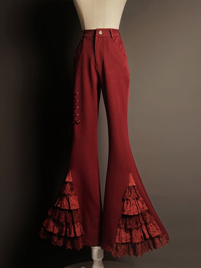 Pants Cuffs Red Lace Tiered Patches Flared