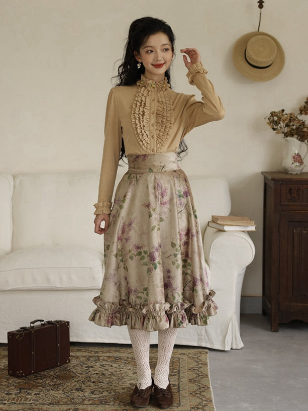 ヴィンテージパープルフローラルプリントフリルトリムハイウエストスカート