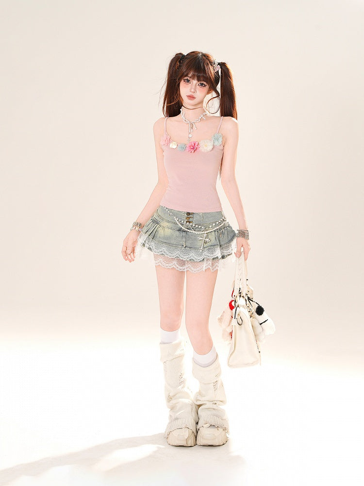 Pink Floral Embellished Neckline Slim-fitting Cami Top
