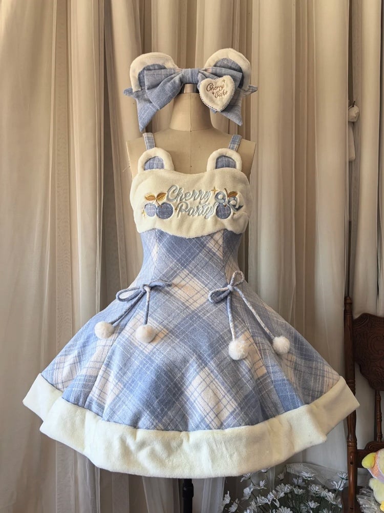 for Sweet Plaid Dress Lolita Autumn and Pom-Poms Embroidered Winter Cherry Blue with