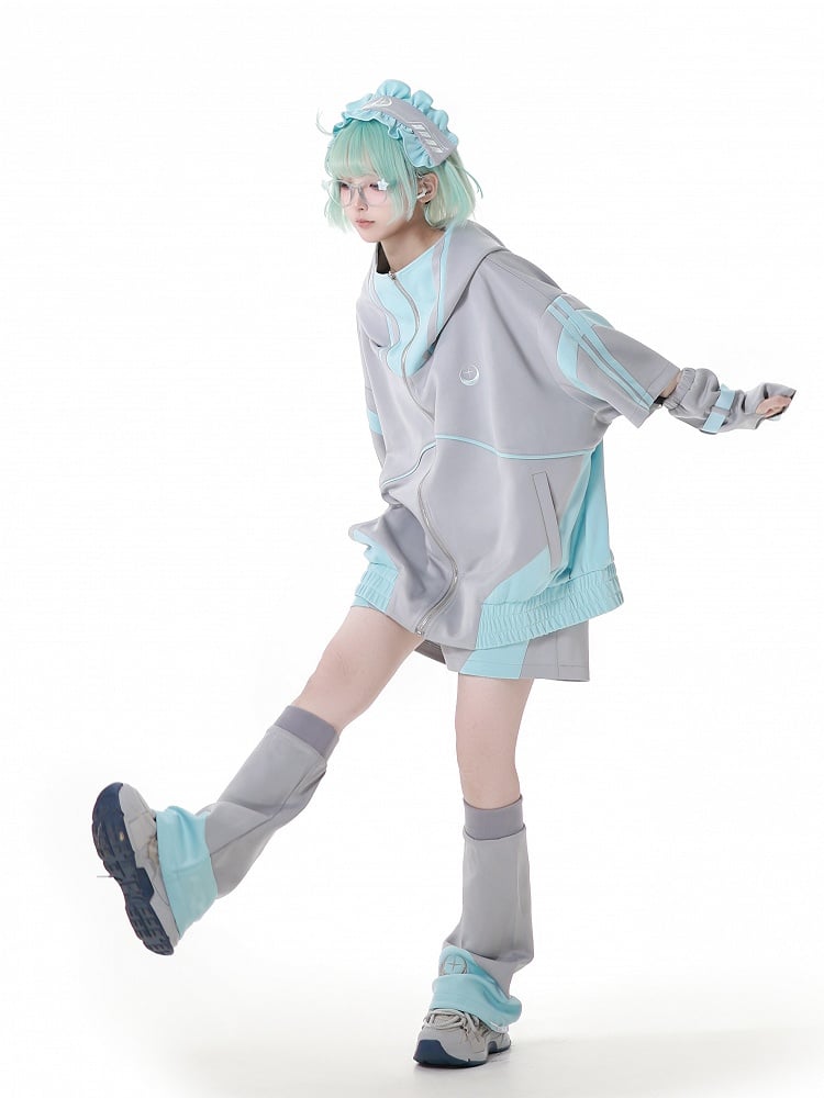 Sleeves Zipper Hoodie Green and Gray Jirai Kei Techwear Straps Design Short