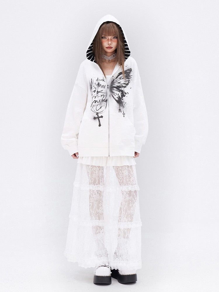 Long White Lace Skirt Hem Ruffle Tiered