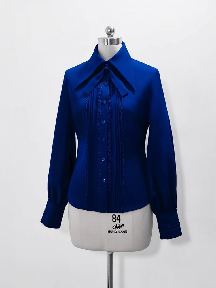 Long Klein Gray Blue and Point Collar Shirt Pleating Foldover Detailing Lace / Prince Sleeves