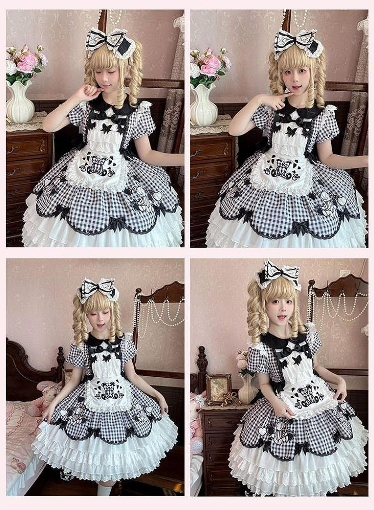 Sleeves Black White Plaid Bear Lolita Dress Skirt Puff Tiered Embroidery OP