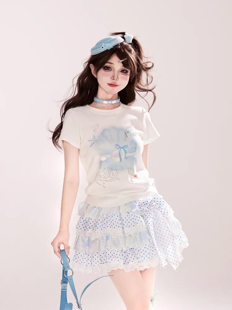 Print White Round Neck Slim-fitting Pearl T-shirt Seashell and