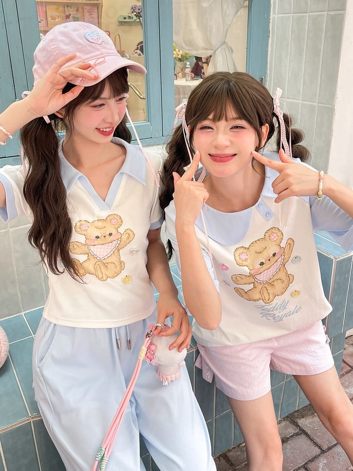 Blue and White Asymmetrical Peter Pan Collar Bear Print T-Shirt Long Version