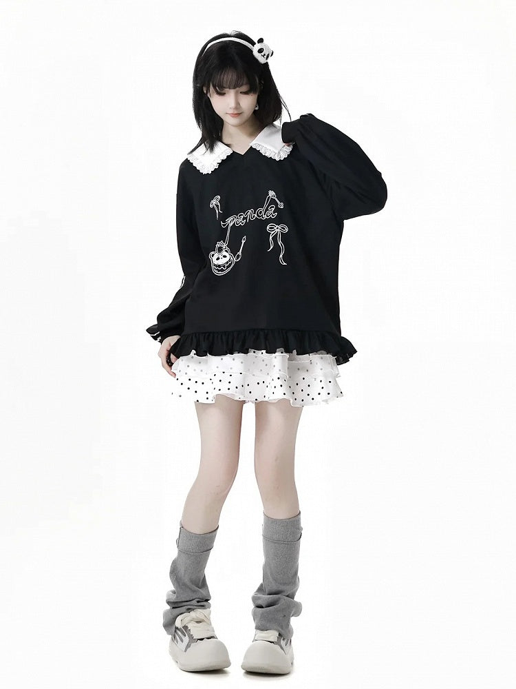 Short/Long Top Sleeves Panda Dessert Print Ruffled Pointed Flat Collar Ruffled Hem Black