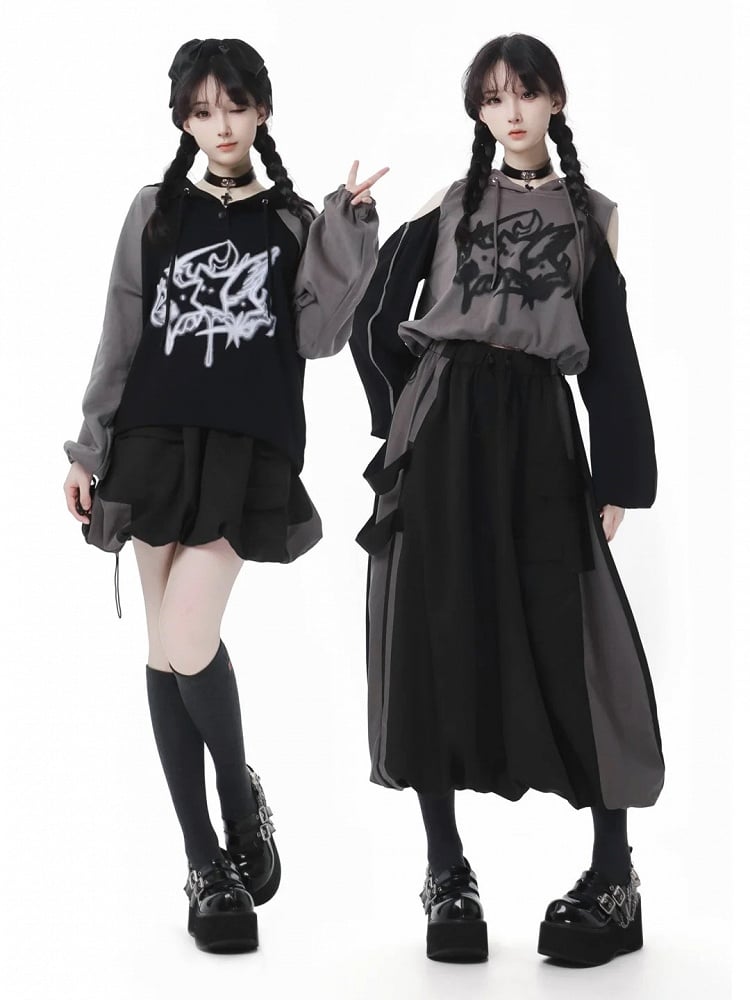 Print Colorblock Design Drawstring Gray Hem Hoodie and Cutout Shoulder Star Black