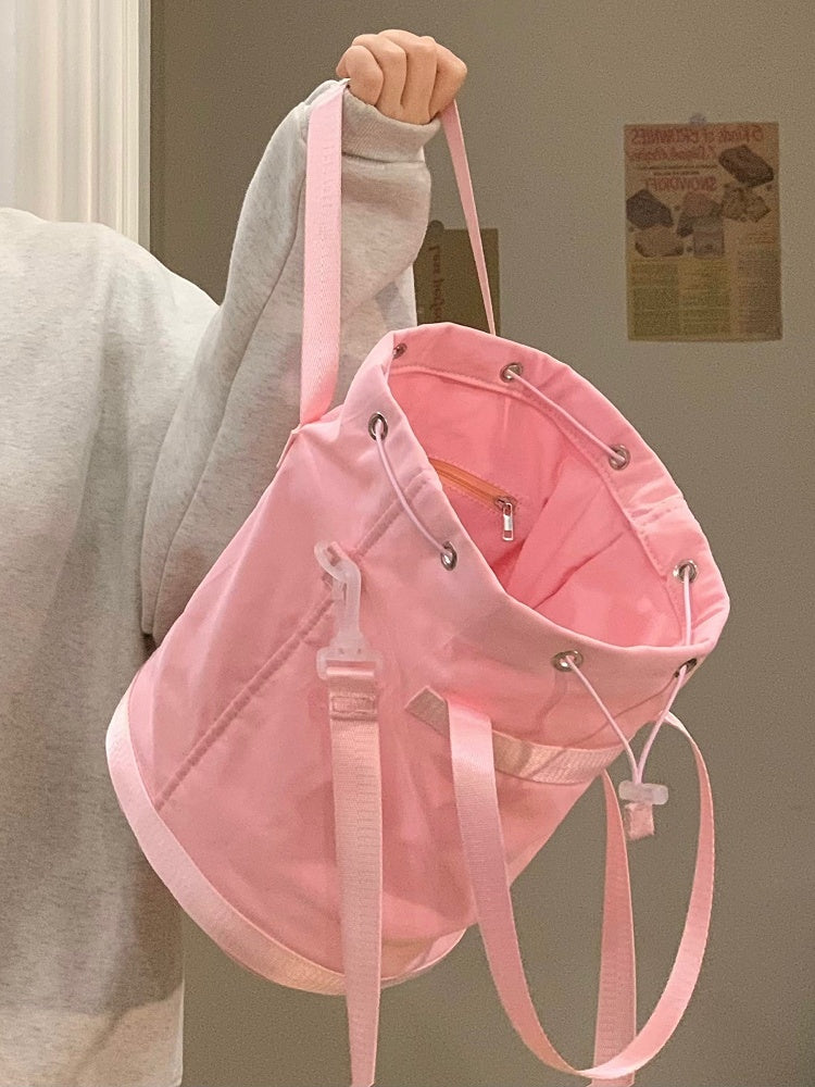 Capacity Kawaii Style Large Pink Drawstring Bucket Bag In Deamy