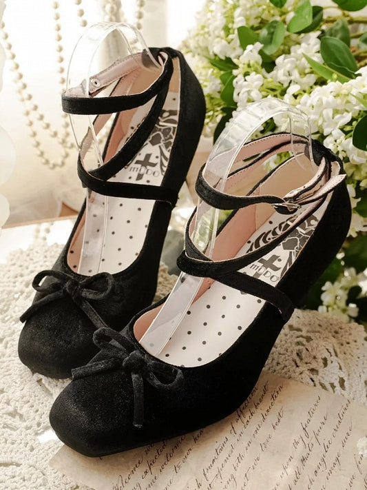 Black Top High-heel Square Design - Toe Ballet Shoes Crisscross Bow at