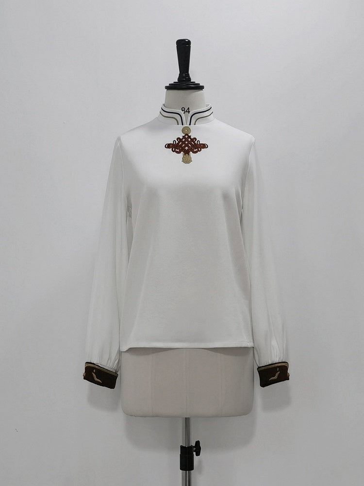 Haut à manches longues et col à bande blanche, style Ouji, nœud chinois