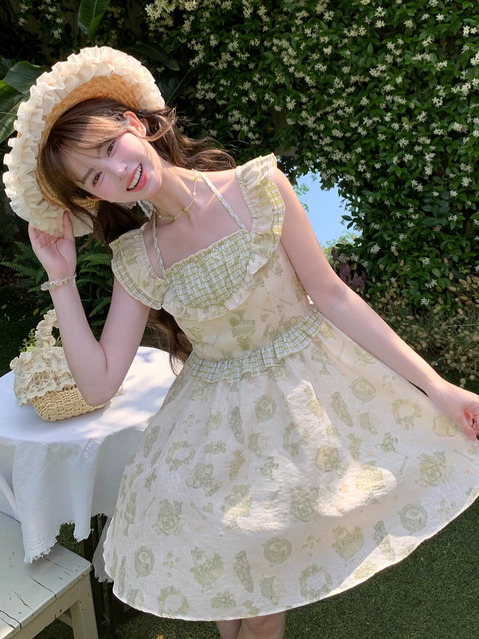 Kei Green Plaid Flutter Sleeves Halter Dress Light Cartoon Print Mori