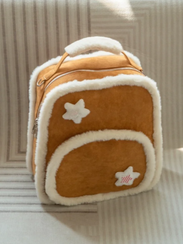 Warmy Large-Sized Brown Backpack With Plush Trim Style In Kawaii
