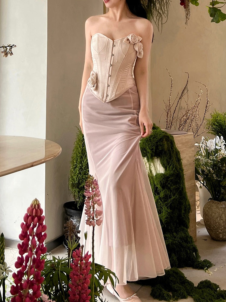 Nude Pink Vintage Bustier Flowers Satin Boned Corset Top