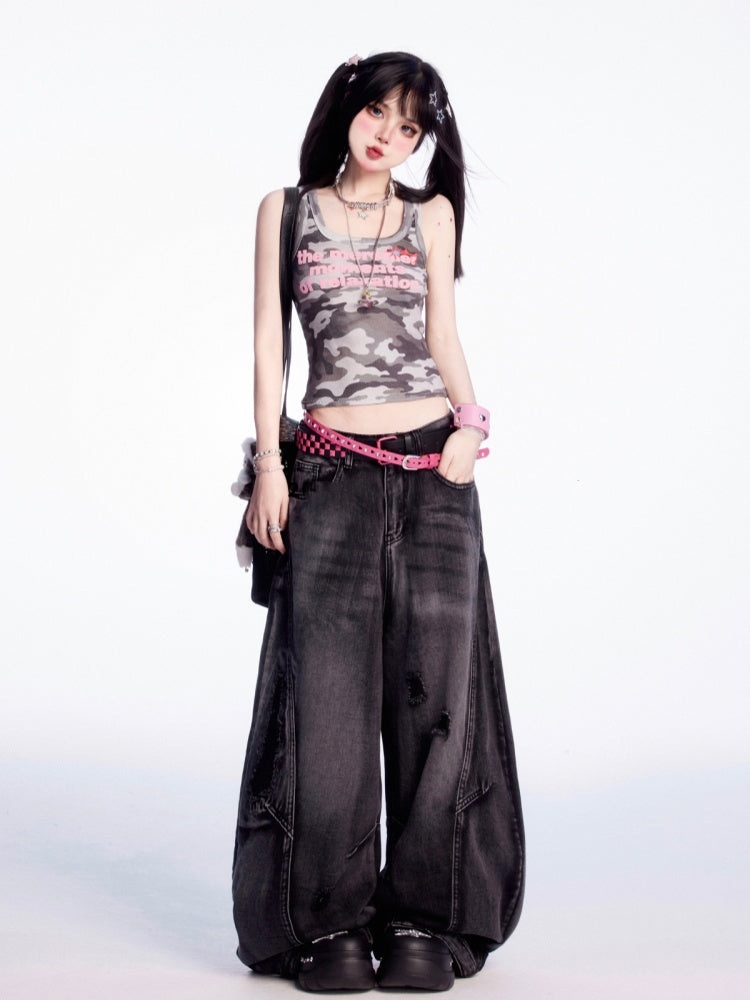 Vintage Waist Distressed Holes Black Low Wide-leg Jeans