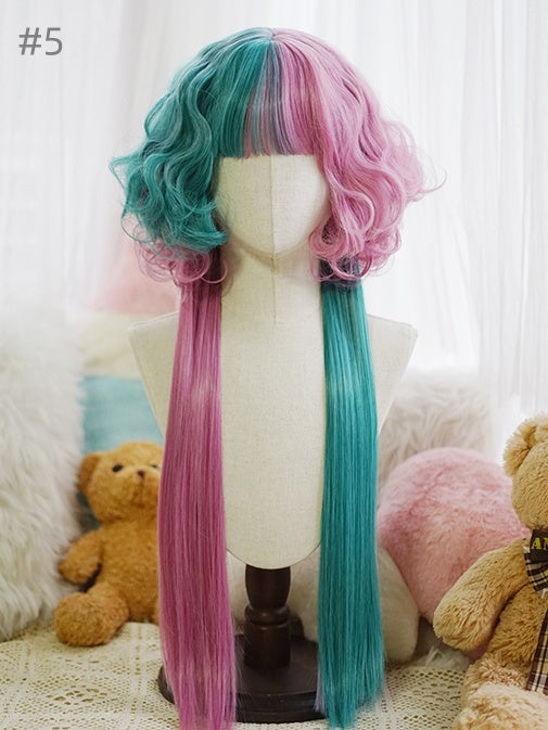 Split Color Waist Length Curly Wig With Full Bangs