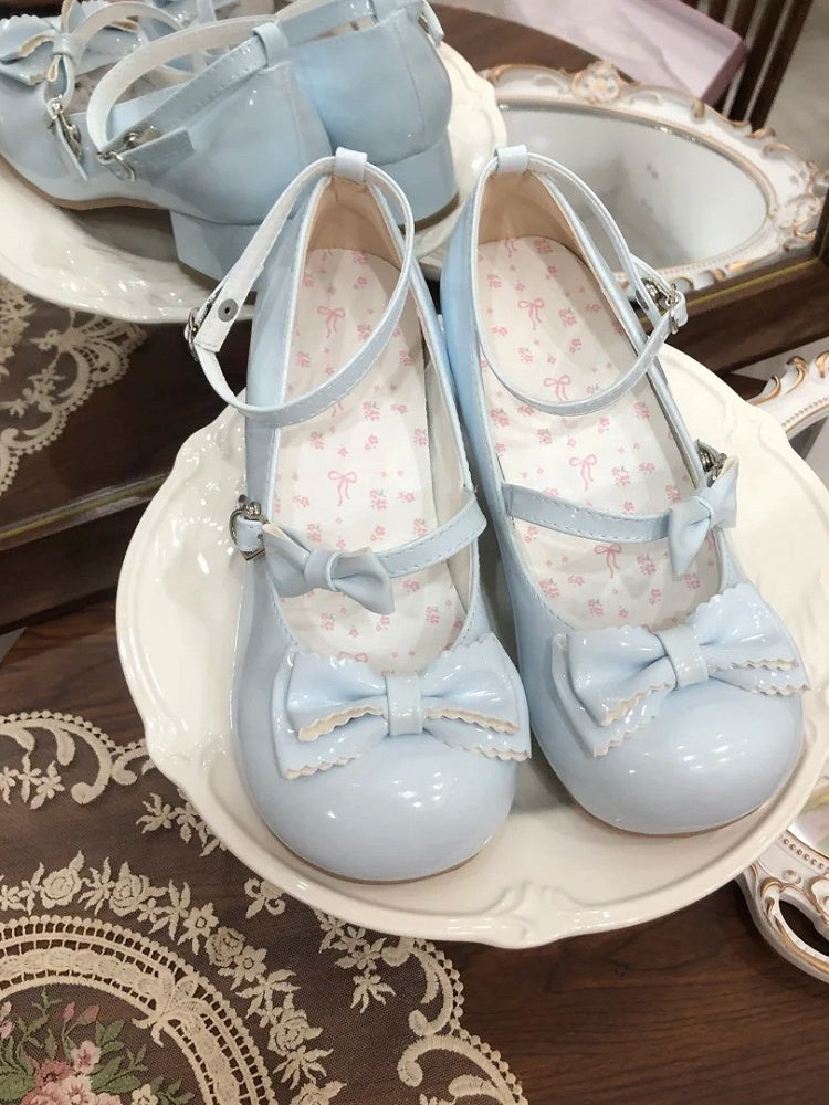 PU Blue Lolita Mary Sweet Janes Bow Accents Low-heel/Mid-heel