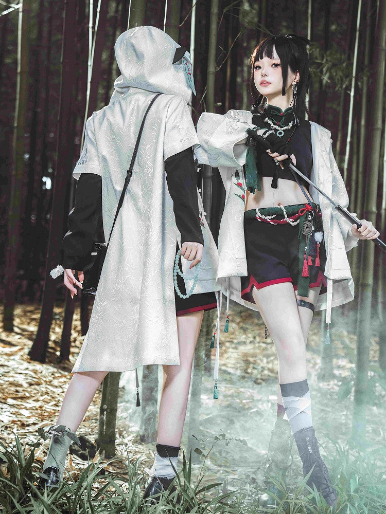 Coat Panda White Leaf Jacquard Hooded Ears Bamboo