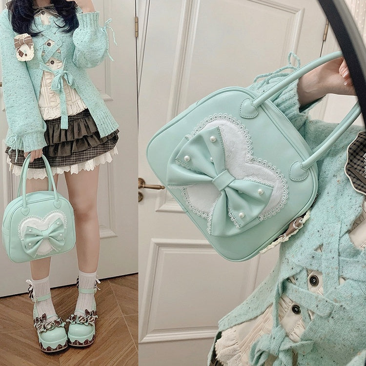 Beaded Sweet Heart Bag Lolita Green Decorated Hand Bowknot Plush