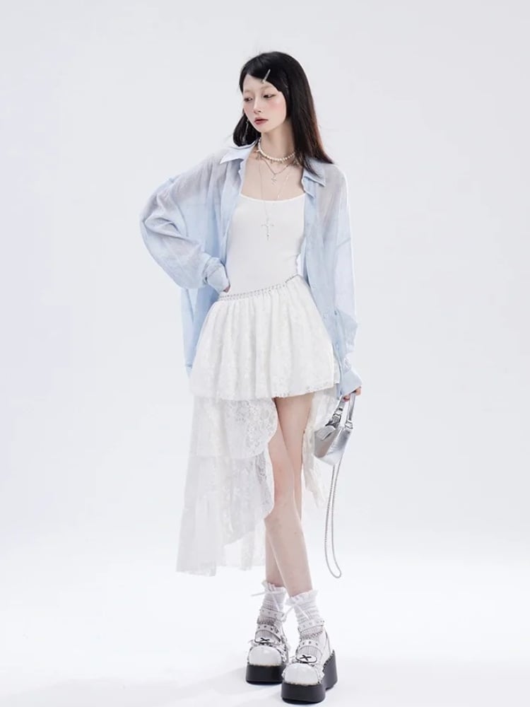 Waist and White Asymmetrical Waistline Lace Hem Slip Dress with Chain Free
