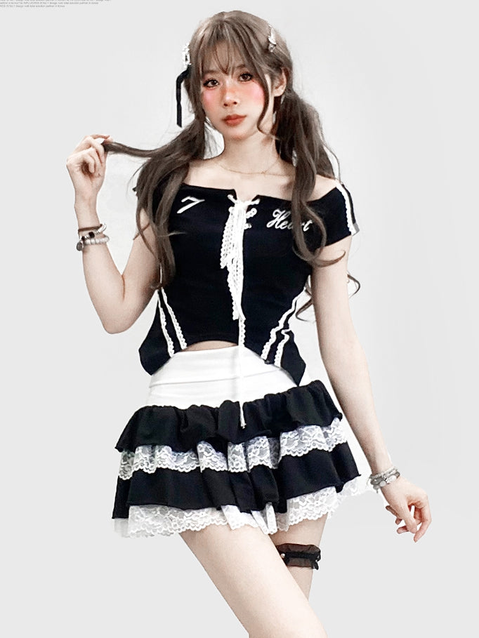 Black Bittersweet Neckline Top With Lace-Up Detail And Letter Print Off-the-shoulder Kawaii
