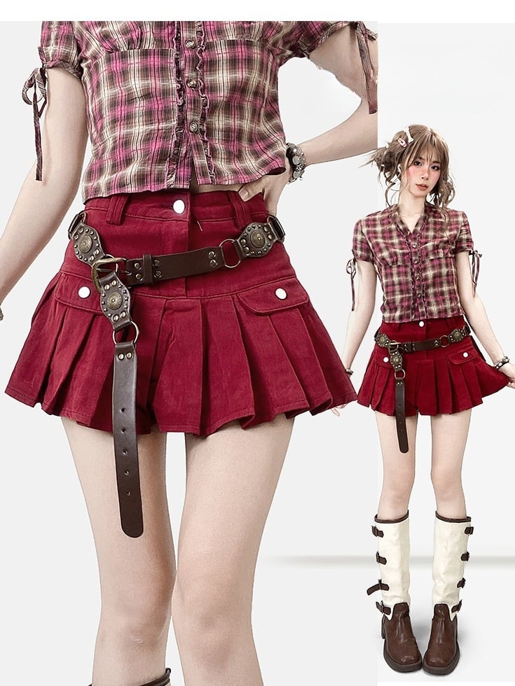 Pleated Denim Skirt Red Christmas