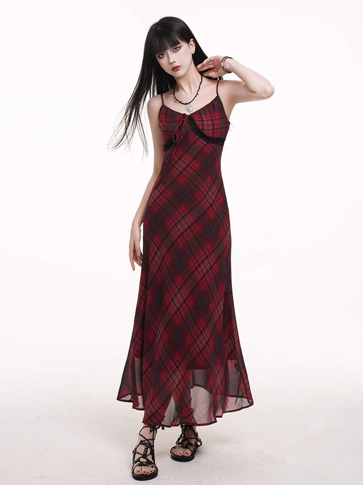 Self-tie Strap Neckline Cami Dress Red Black Plaid V-neck