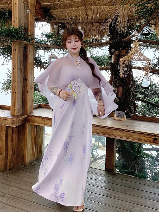 Qipao Design Dress Plus Size Cheongsam Style Purple Print Cape Wisteria