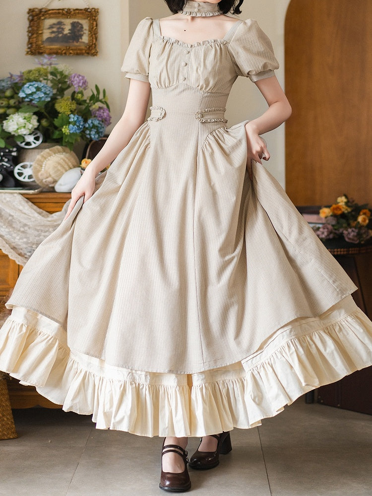 Fashion Puff Fabric Light Khaki Square Neckline Retro Dress Sleeves Striped Vintage