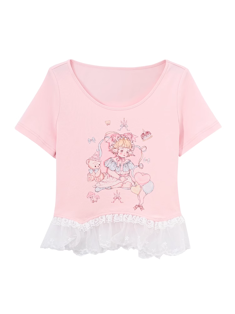 Rosa/weißes T-Shirt mit Spitzenbesatz und süßem Rundhalsausschnitt