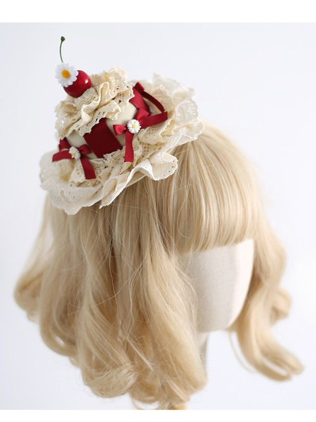 Schleifenclips mit Hut Mini Lolita Design Cherry Daisy Süß verziert BeigeRot Details