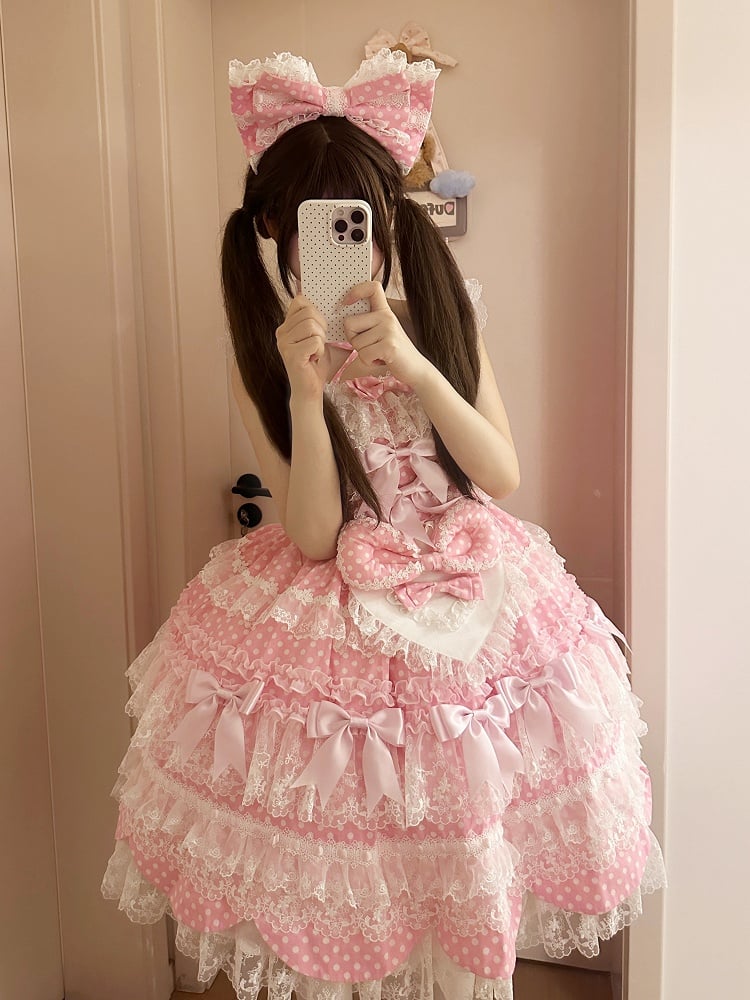 Pink Jumper Pattern Accents Skirt School Bow Dress Dots Sweet Polka Old Lolita
