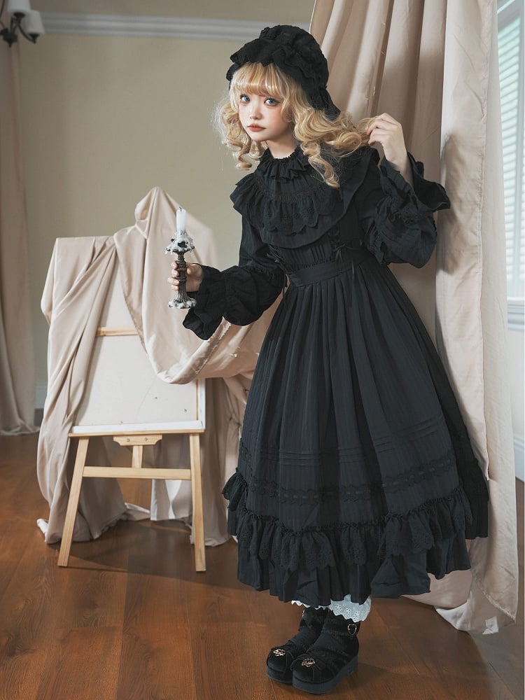 Lolita Dress Kuro Hemline Gothic Layered Sleeves Long Ruffled Ruffle Neck All Black