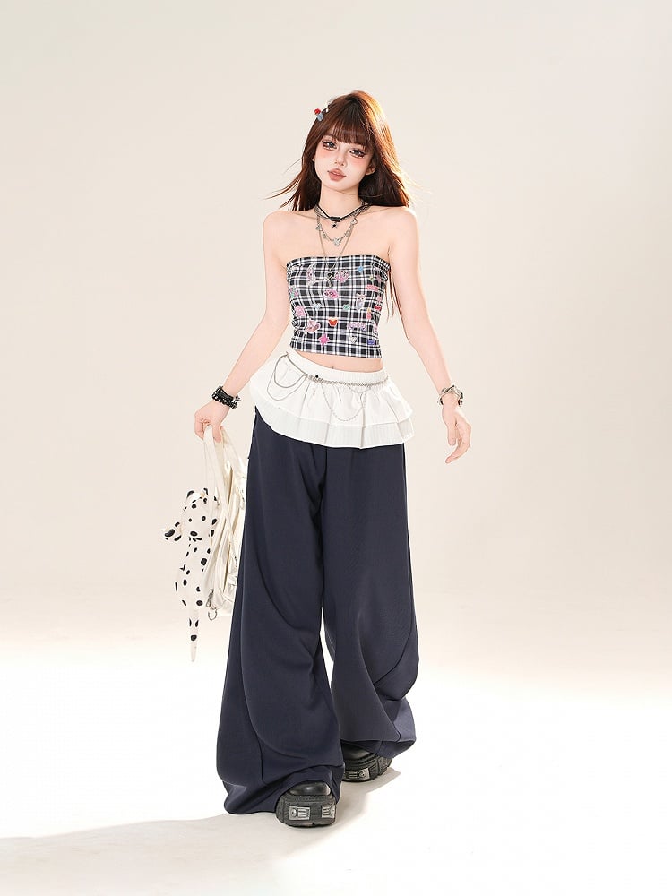 Navy Blue Loose Wide-leg Casual Pants