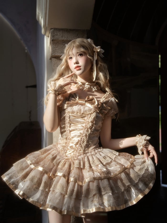 Sleeves Corset Lolita Kitty Short Dress Print and Bunny Puff Champagne
