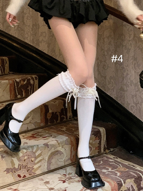 Chaussettes à nœud et bordure en dentelle douce