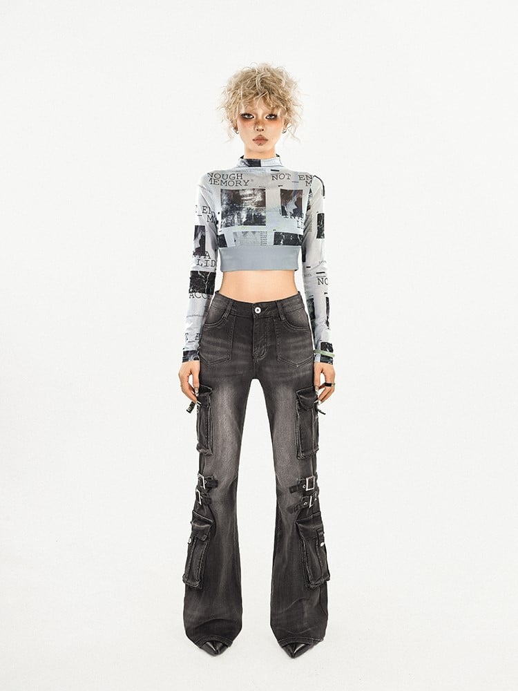 Flared Grey Denim Slim-fit Vintage Jeans Wash