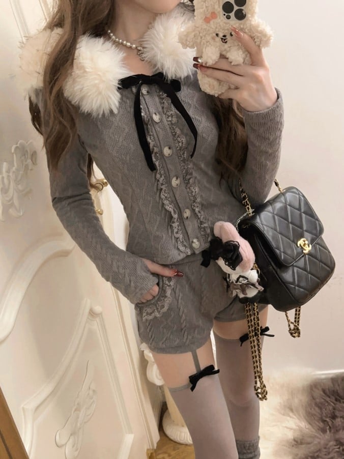 Fur With Hoodie Collar Detail Cardigan Black Gray Knit Faux Bow